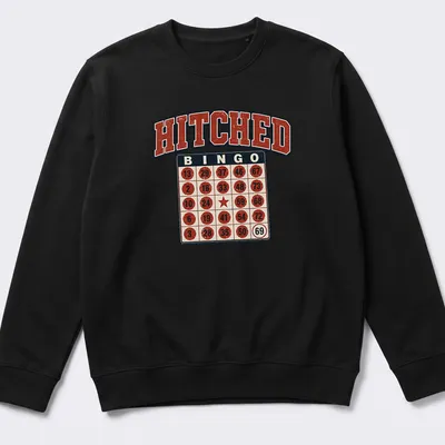 Vintage distressed Bingo Hitched t-shirt featuring a bingo card and humorous text. — printed on a unisex sweatshirt