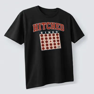 Vintage distressed Bingo Hitched t-shirt featuring a bingo card and humorous text. — printed on a unisex t-shirt (angled view)