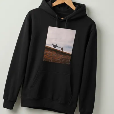 Photographic design of birds perched on a brick wall in natural colors — printed on a unisex hoodie