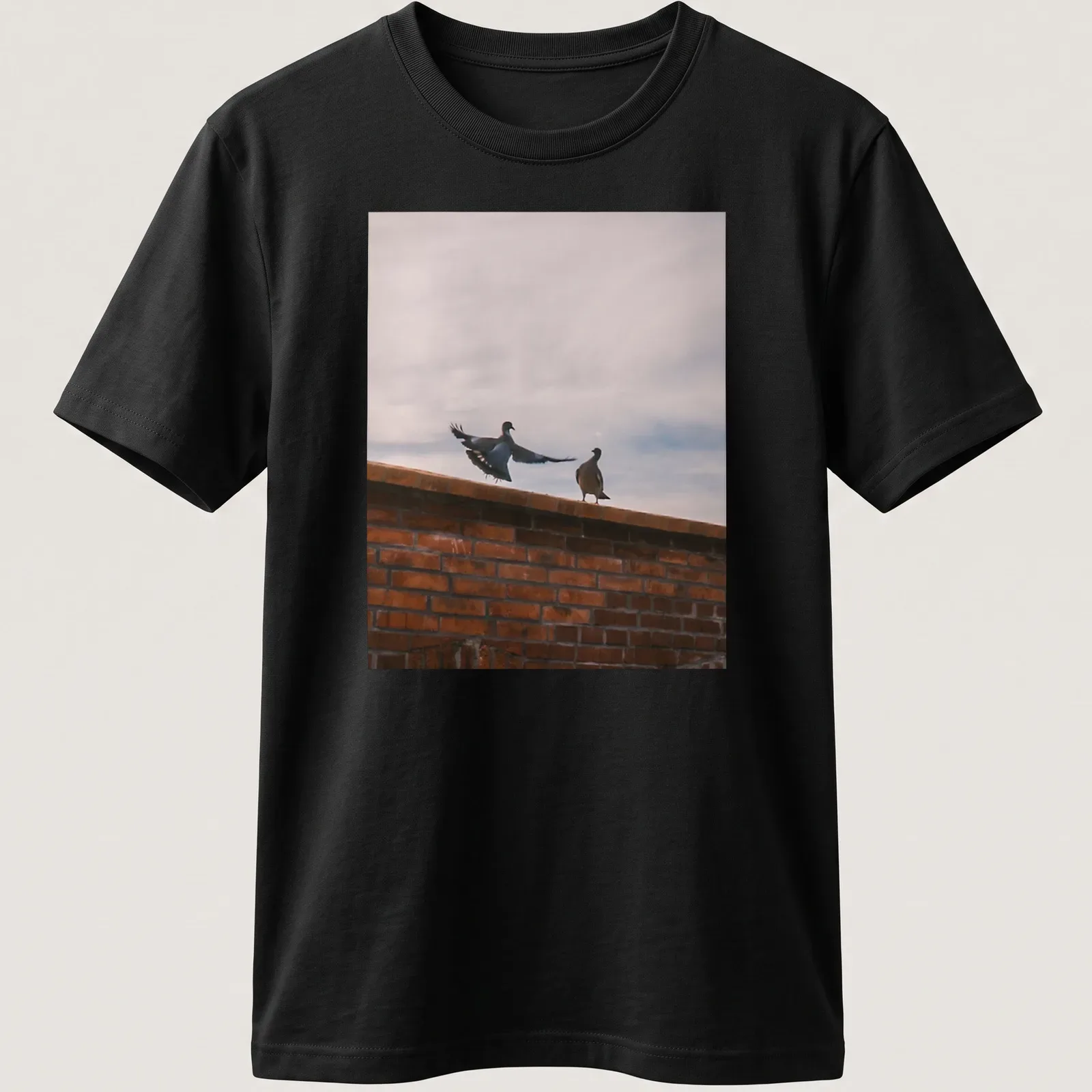 Photographic design of birds perched on a brick wall in natural colors — printed on a unisex t-shirt