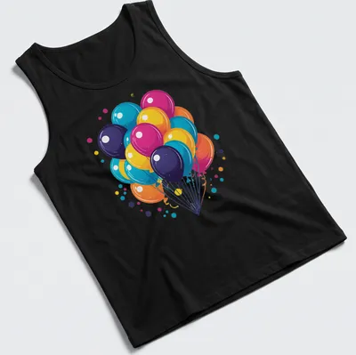Retro 80s synthwave design featuring colorful birthday balloons and confetti — printed on a tank top