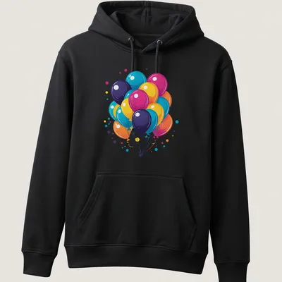 Retro 80s synthwave design featuring colorful birthday balloons and confetti — printed on a unisex hoodie