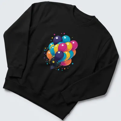 Retro 80s synthwave design featuring colorful birthday balloons and confetti — printed on a unisex sweatshirt