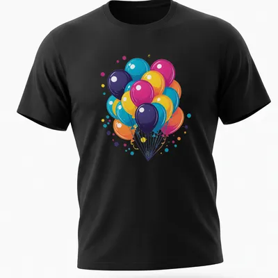 Retro 80s synthwave design featuring colorful birthday balloons and confetti — printed on a unisex t-shirt