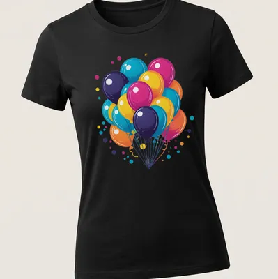Retro 80s synthwave design featuring colorful birthday balloons and confetti — printed on a women's shirt