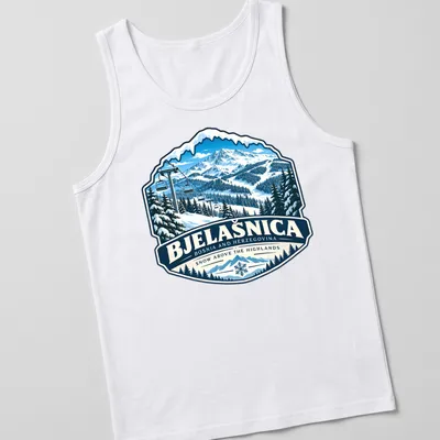 Vintage badge style t-shirt featuring Bjelašnica ski resort design. — printed on a tank top