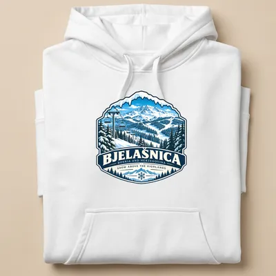 Vintage badge style t-shirt featuring Bjelašnica ski resort design. — printed on a unisex hoodie