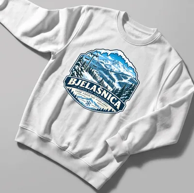 Vintage badge style t-shirt featuring Bjelašnica ski resort design. — printed on a unisex sweatshirt