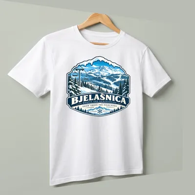 Vintage badge style t-shirt featuring Bjelašnica ski resort design. — printed on a unisex t-shirt (angled view)