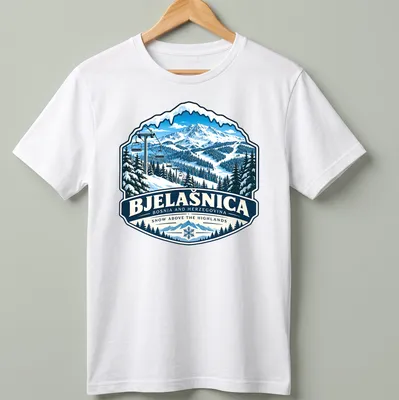 Vintage badge style t-shirt featuring Bjelašnica ski resort design.