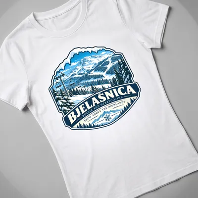 Vintage badge style t-shirt featuring Bjelašnica ski resort design. — printed on a women's shirt