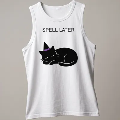 Cartoon of a sleeping black cat with the text 'Spell Later' in purple — printed on a tank top