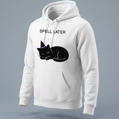 Cartoon of a sleeping black cat with the text 'Spell Later' in purple — printed on a unisex hoodie