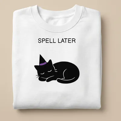 Cartoon of a sleeping black cat with the text 'Spell Later' in purple — printed on a unisex sweatshirt