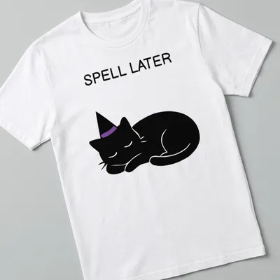 Cartoon of a sleeping black cat with the text 'Spell Later' in purple