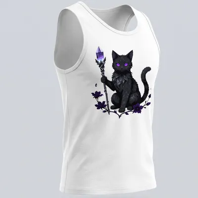 Kawaii black cat with scepter and moon elements in cute line-art style — printed on a tank top