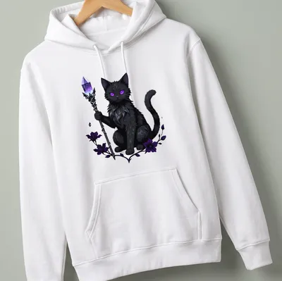 Kawaii black cat with scepter and moon elements in cute line-art style — printed on a unisex hoodie
