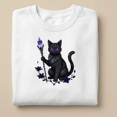 Kawaii black cat with scepter and moon elements in cute line-art style — printed on a unisex sweatshirt