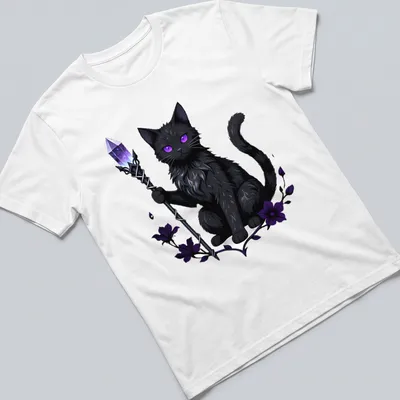 Kawaii black cat with scepter and moon elements in cute line-art style