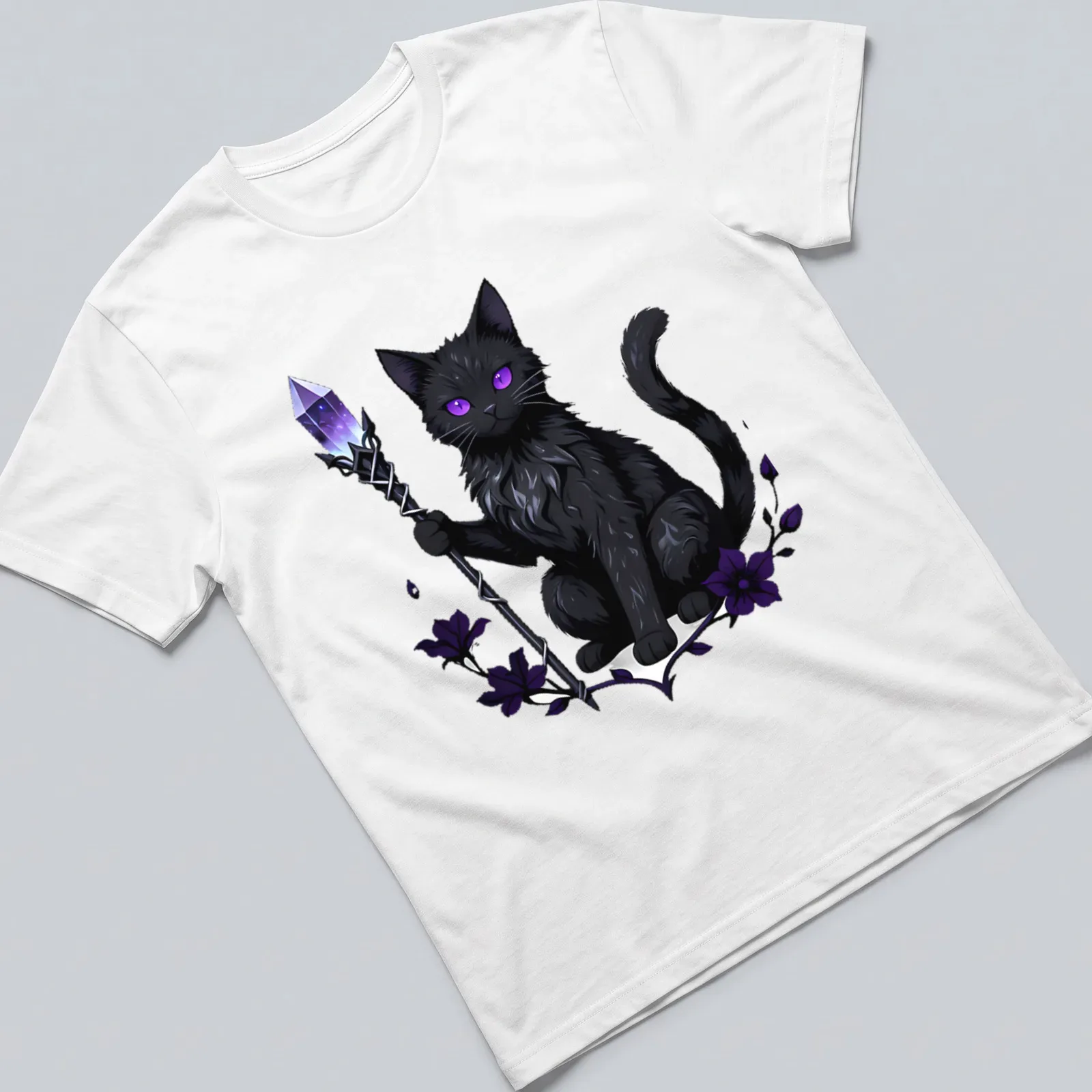 Kawaii black cat with scepter and moon elements in cute line-art style — printed on a unisex t-shirt