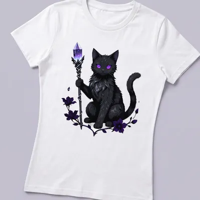 Kawaii black cat with scepter and moon elements in cute line-art style — printed on a women's shirt