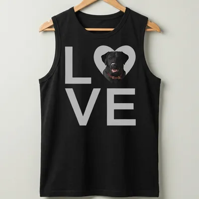 Realistic print of a black Labrador retriever with the word LOVE — printed on a tank top