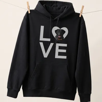 Realistic print of a black Labrador retriever with the word LOVE — printed on a unisex hoodie