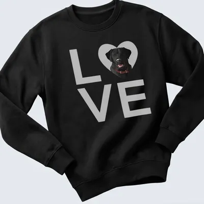 Realistic print of a black Labrador retriever with the word LOVE — printed on a unisex sweatshirt