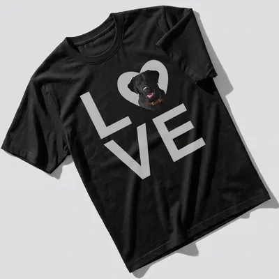 Realistic print of a black Labrador retriever with the word LOVE