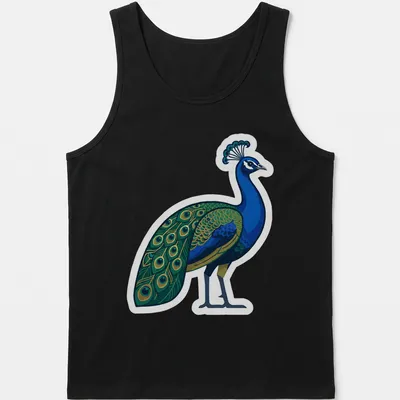 Illustration of a blue peacock displaying its colorful feathers in gold, green, and black. — printed on a tank top