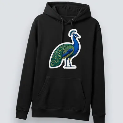 Illustration of a blue peacock displaying its colorful feathers in gold, green, and black. — printed on a unisex hoodie