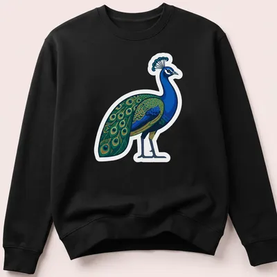 Illustration of a blue peacock displaying its colorful feathers in gold, green, and black. — printed on a unisex sweatshirt