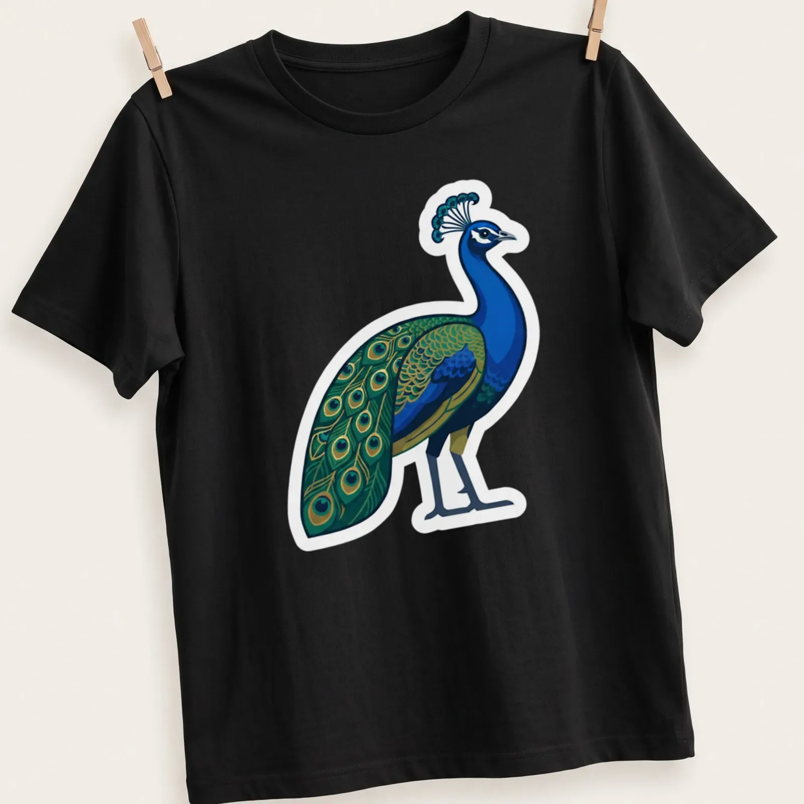 Illustration of a blue peacock displaying its colorful feathers in gold, green, and black. — printed on a unisex t-shirt