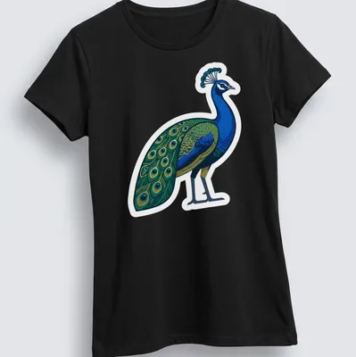 Illustration of a blue peacock displaying its colorful feathers in gold, green, and black. — printed on a women's shirt
