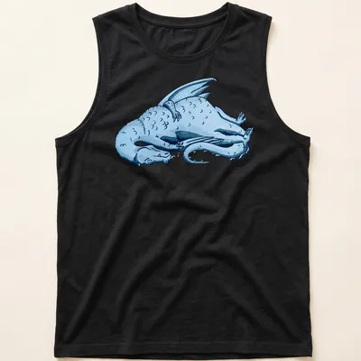 Illustrative print of a blue sleeping dragon among clouds — printed on a tank top