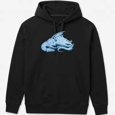 Illustrative print of a blue sleeping dragon among clouds — printed on a unisex hoodie