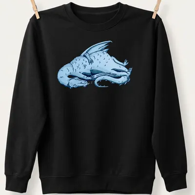Illustrative print of a blue sleeping dragon among clouds — printed on a unisex sweatshirt