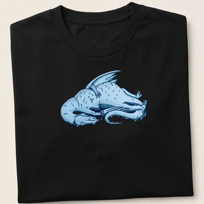 Illustrative print of a blue sleeping dragon among clouds