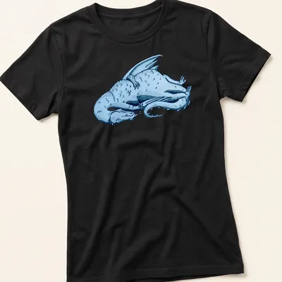 Illustrative print of a blue sleeping dragon among clouds — printed on a women's shirt