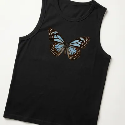 Cartoon style Blue Tiger Butterfly t-shirt in blue, brown, and white — printed on a tank top
