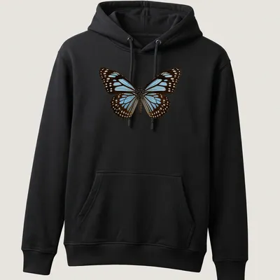Cartoon style Blue Tiger Butterfly t-shirt in blue, brown, and white — printed on a unisex hoodie