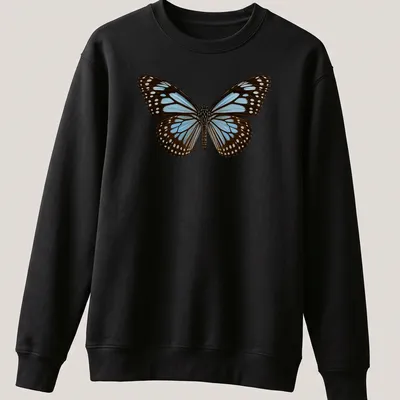 Cartoon style Blue Tiger Butterfly t-shirt in blue, brown, and white — printed on a unisex sweatshirt