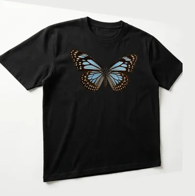Cartoon style Blue Tiger Butterfly t-shirt in blue, brown, and white — printed on a unisex t-shirt (angled view)