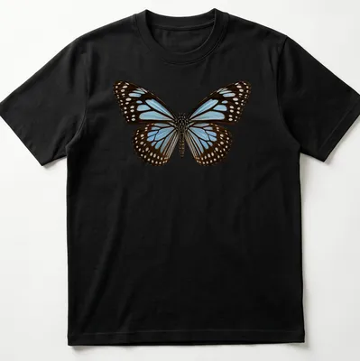 Cartoon style Blue Tiger Butterfly t-shirt in blue, brown, and white