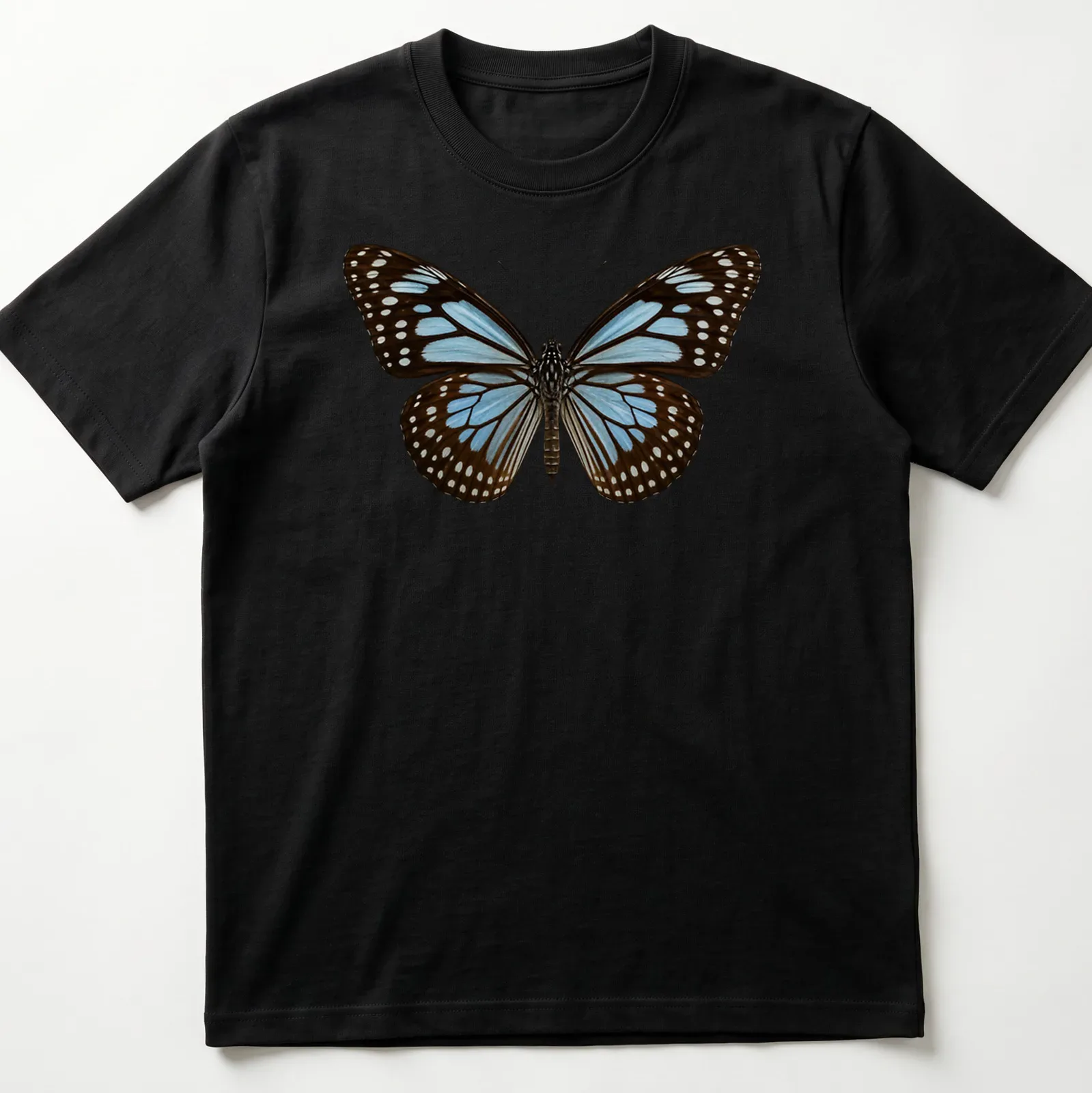 Cartoon style Blue Tiger Butterfly t-shirt in blue, brown, and white — printed on a unisex t-shirt