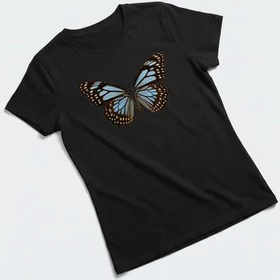Cartoon style Blue Tiger Butterfly t-shirt in blue, brown, and white — printed on a women's shirt