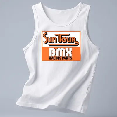 Vintage retro BMX Racing Parts t-shirt with orange and black text and graphics — printed on a tank top
