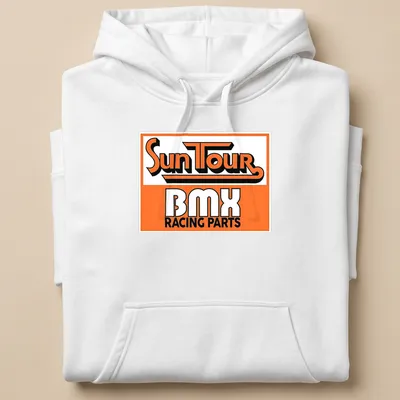 Vintage retro BMX Racing Parts t-shirt with orange and black text and graphics — printed on a unisex hoodie
