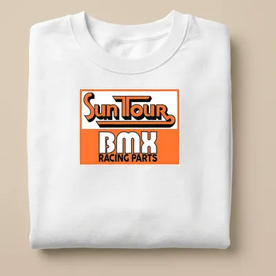 Vintage retro BMX Racing Parts t-shirt with orange and black text and graphics — printed on a unisex sweatshirt