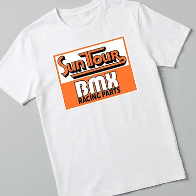 Vintage retro BMX Racing Parts t-shirt with orange and black text and graphics